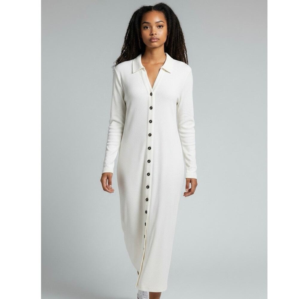 Lands’ End Rib Knit Button Down Midi Long Sleeve Shirt Dress Cream Size XL